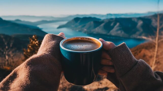 Cinematic shot of a steaming blue coffee mug held against a misty mountain lake backdrop. Warm, inviting scene perfect for travel, relaxation, or beverage advertisements.