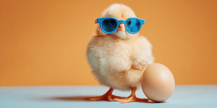 Cute baby chick wearing sunglasses standing next to an egg, portraying cool easter fun and spring new life