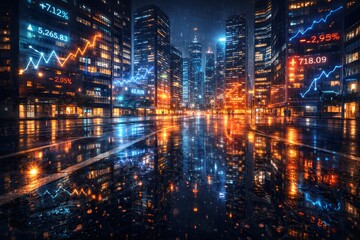 Fototapeta premium Financial charts and data illuminate a bustling cityscape at a rainy night.