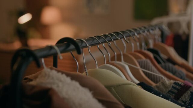 No people shot of clothing rack with vintage garments on wooden hangers in warm lit cozy secondhand shop, showcasing curated sustainable fashion and textures