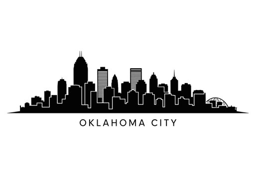 Black silhouette of the Oklahoma City skyline with various buildings and a bridge on a white background, featuring the city name.