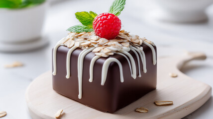 Chocolate glazed mini cake topped with oats and fruit for gourmet dessert menu.
