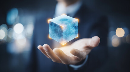 Hand presenting a floating data cube hologram symbolizing blockchain infrastructure and cloud computing innovation.

