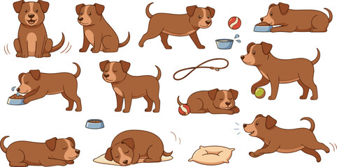 Fototapeta premium Cute Puppy Dog Cartoon Character Set with Playing, Running, Eating, Sleeping, Training Poses, Toys, and Adorable Pet Activities Vector Illustration