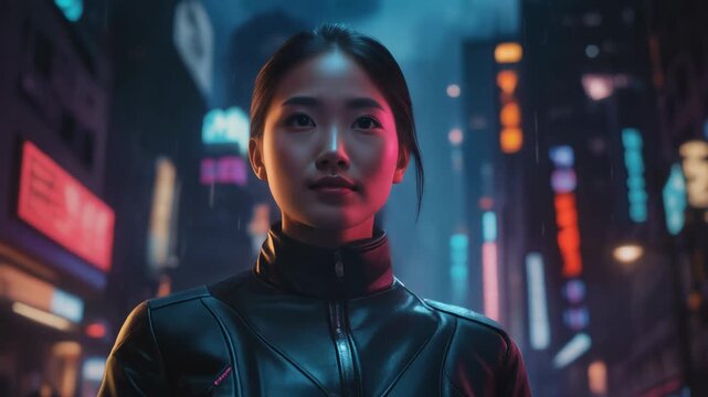 A lone woman is seen against the backdrop of a downpour-slicked metropolis as vivid neon reflections paint her face with light in this captivating cyberpunk moment.