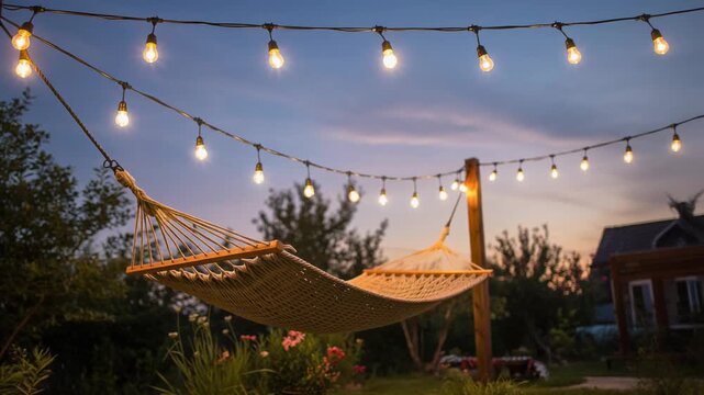 A woven hammock gently sways in the soft evening breeze, illuminated by the warm glow of overhead string lights. Captures a serene summer atmosphere, perfect for showcasing outdoor living.