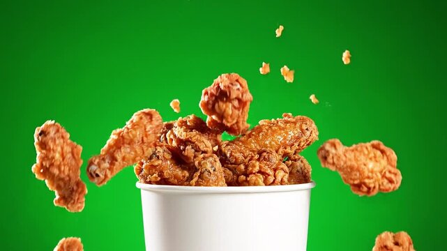 Fried chicken wings flying out from white paper bucket on green back