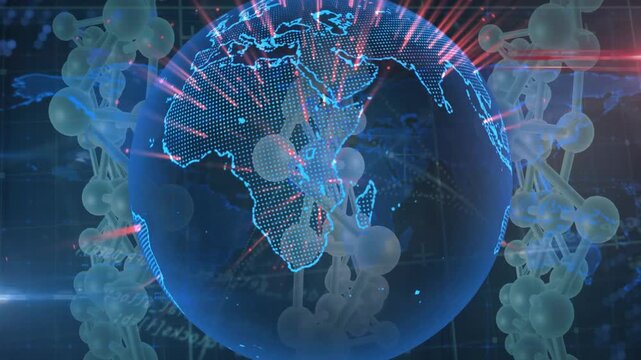 Camera pulling back, globe rotating, red pulsing, molecular chains shifting, showing signal flow