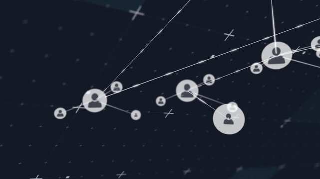 Large node entering from right nodes spawning and linking, light trails racing showing network flow