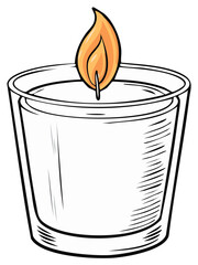 Lit candle in glass holder, flame burning bright, isolated object illustration