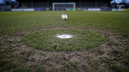 Game's quiet pause, a lone soccer ball resting on the battle-scarred pitch under the soft embrace of evening