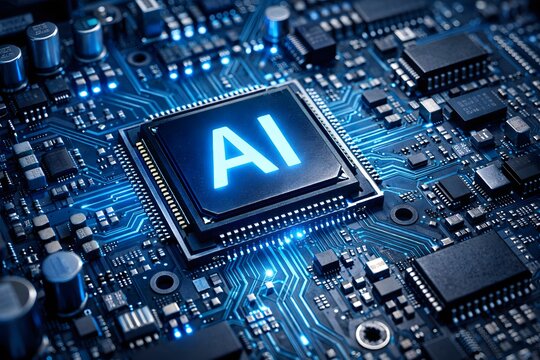 Artificial Intelligence Microchip on Circuit Board.