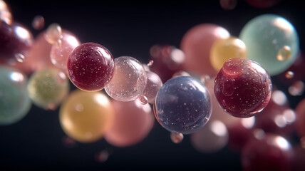 Floating spherical molecules in a scientific visualization representing chemistry biotechnology research and pharmaceutical innovation.
