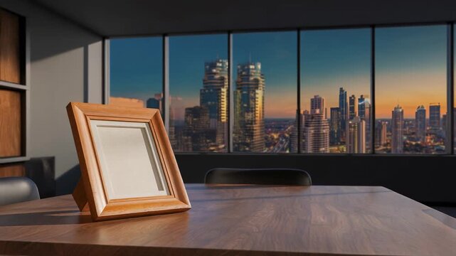 Cinematic scene featuring a wooden picture frame on a conference table, bathed in warm sunset light.