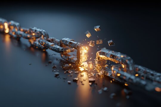 Glowing chain blocks breaking apart on dark background, Fintech crisis broken blockchain crypto crash  concept
