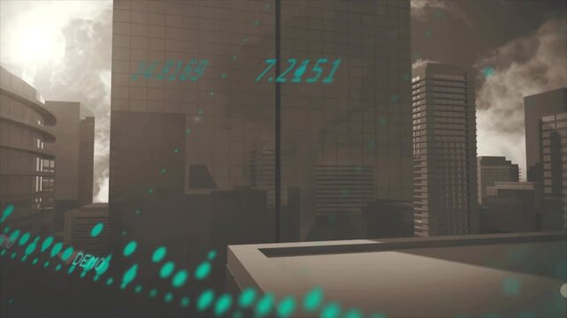 Teal particle stream appearing top-left sweeping across skyline, visualizing data flow over rooftop
