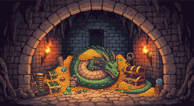 Pixel art illustration of a green dragon sleeping on a pile of gold coins and treasure in a stone brick dungeon. Fantasy, retro, gaming concepts.