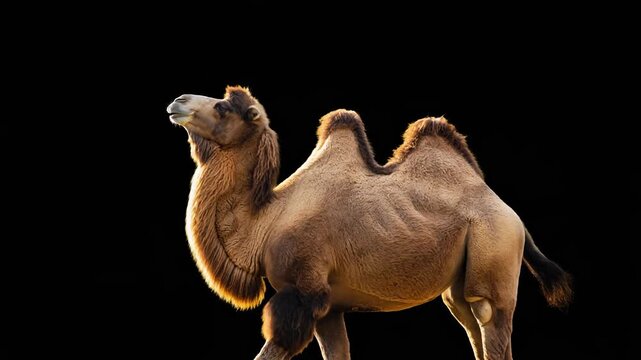A family of camels treks slowly across an endless desert. Golden light catches their fur as they move towards the horizon, highlighting textures and the spirit of nomadic journeys.