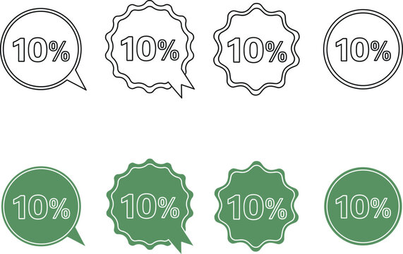 A collection of discount icons showing 10 percent off on a white background
