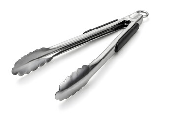 Fototapeta premium Stainless steel kitchen tongs with black rubber grip and locking mechanism