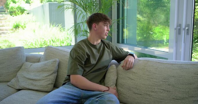 Teenage male starting by looking out window, slowly turning toward camera while smiling on sofa