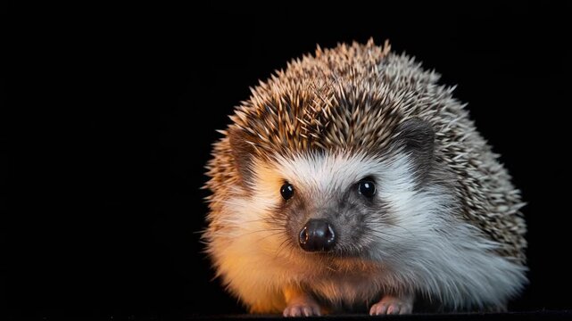Four cute, little hedgehogs presented against a stark black background. This scene emphasizes the animals' curious expressions and quills with soft, warm studio lighting.