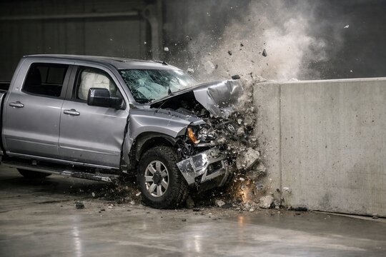 Pickup truck crashing into concrete barrier simulation