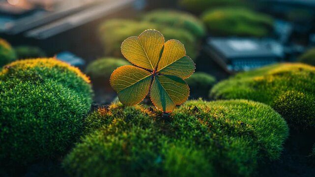 Captivating cinematic moment: a four-leaf clover basks in golden light amidst soft moss, evoking tranquility and luck. Ideal for nature documentaries, serene backgrounds, and St. Patrick's Day themes.
