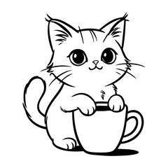 Logo cafetería. Dibujo sencillo con líneas de un gato simpático apoyado en una taza de café caliente © teracreonte