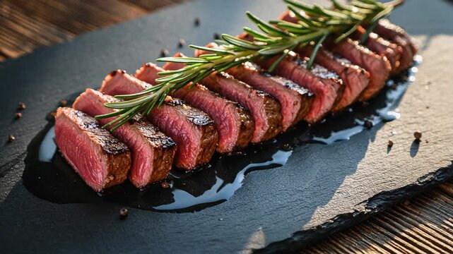 Watch the perfectly sliced steak presented on a dark stone plate, its rich color illuminated by natural light, hinting at a flavorful and gourmet dining experience.