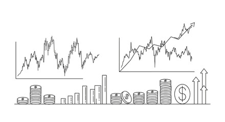 Obraz premium Financial graphs, coins, and bar charts show an upward trend, depicting business and economic growth.