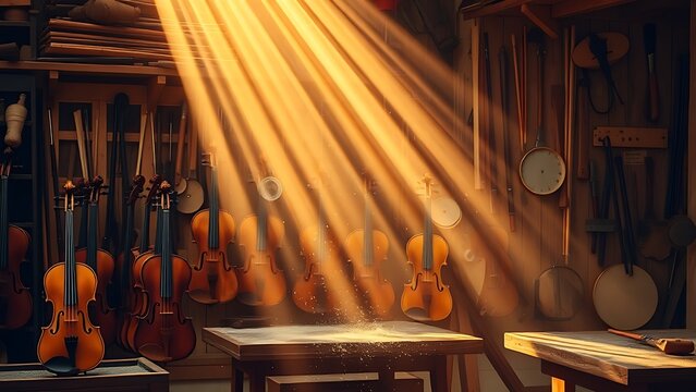 prolongations. Workshop wall adorned with violin-making tools, wood dust floating in sunbeams during golden hour. safety posters.
