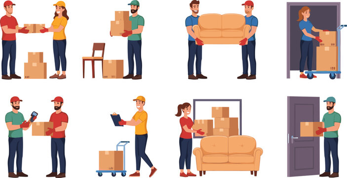 Professional Movers and Delivery Workers Carrying Boxes and Furniture for Home Relocation, Moving Service, Courier, and Logistics Illustration Set
