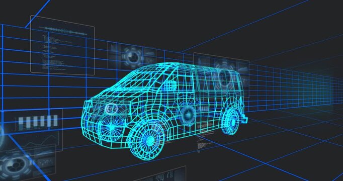 Gear icons appearing HUD panels floating sliding around cyan wireframe van simulating diagnostics
