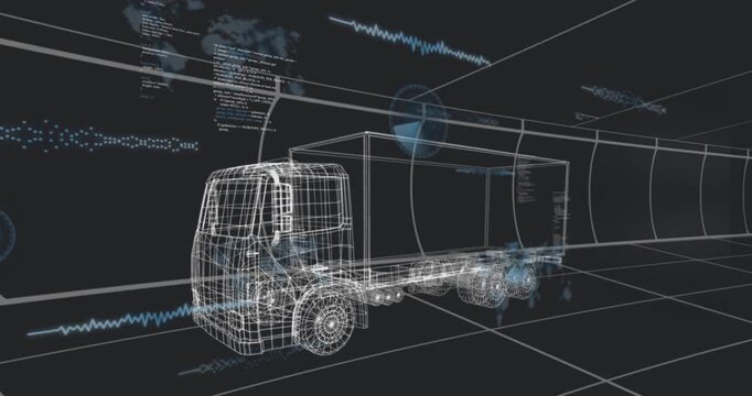 Radar disk entering right causing blue HUD moving around wireframe truck showing live data map