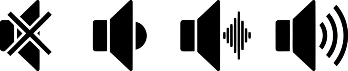 A series of icons representing the progression of sound volume from muted to loud Vector