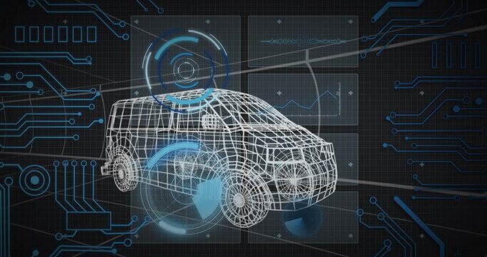 On startup, wireframe van staying centered while blue HUD rings forming, rotating, pulsing for scan