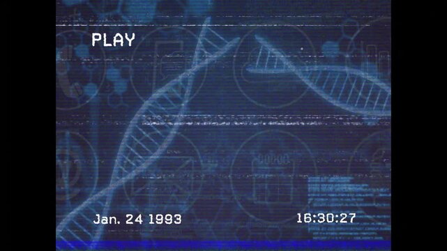 PLAY cue starting, cyan DNA helix sliding, rotating across blue screen, simulating retro tape