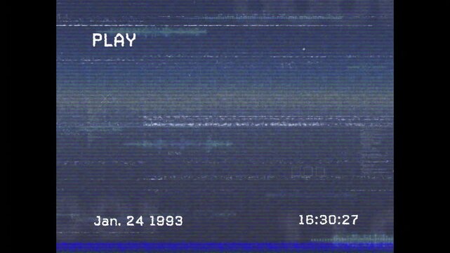 PLAY starting 16:30:22, noise drifting, scanlines shifting, timecode incrementing, archiving