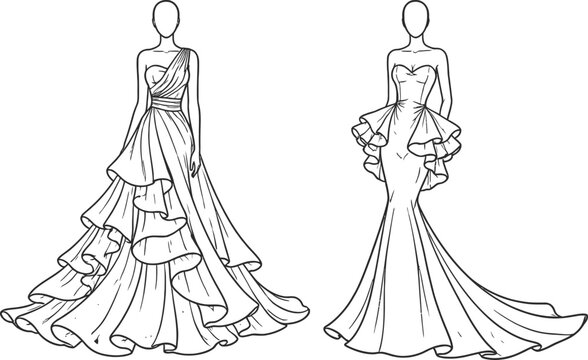 one shoulder dress drawing Vector maxi dress technical drawing, one shoulder woman dress with slit in front fashion CAD, sketch, template, flat. Jersey or woven fabric special o Stock Vector Image & Art