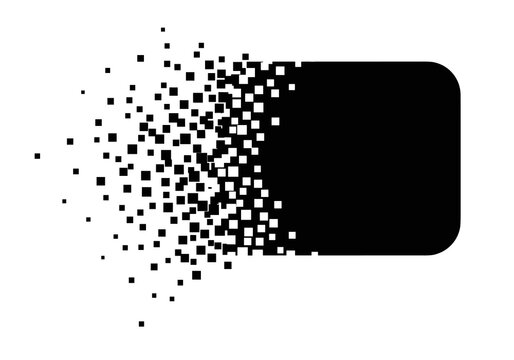 A black rounded rectangle disintegrates into many small square pixels spreading out to the left on a white background.