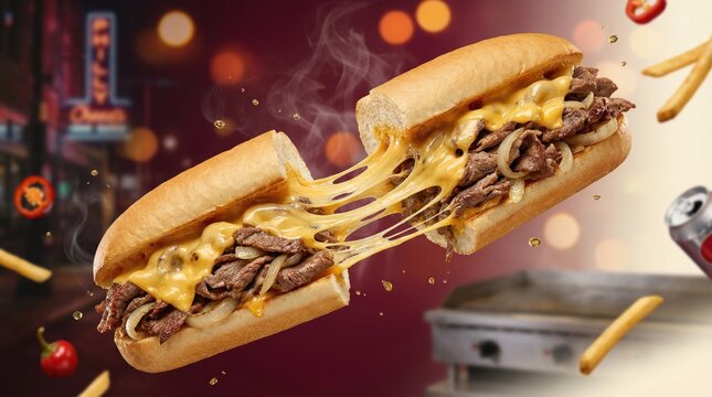 Levitating Philly Cheesesteak Sandwich Melted Cheese Hot Fresh