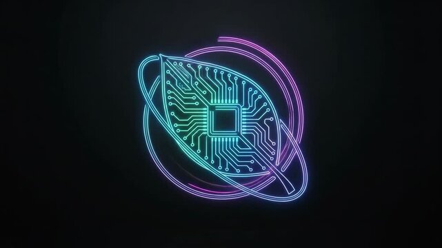 Electronic leaf outline featuring a central processing unit and integrated circuit pathways, enveloped by glowing abstract neon lines symbolizing digital innovation and sustainable technology