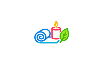 Fototapeta premium Candle, a rolled mat, and a leaf are on a simple background, creating a scene for relaxation or meditation