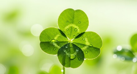 Fresh emerald four-leaf clover with intricate leaf veins and water drops, capturing the essence of Irish luck for St. Patri.