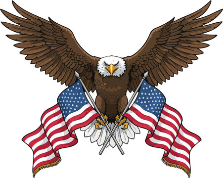 Majestic Bald Eagle Spreading Wings Holding American Flags