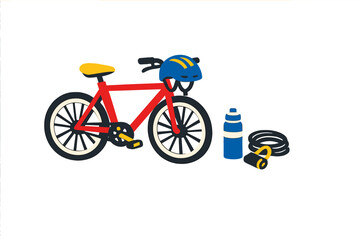 Fototapeta premium Bright red bicycle with yellow accents, water bottle, and accessories placed on a white background during a casual day in a park