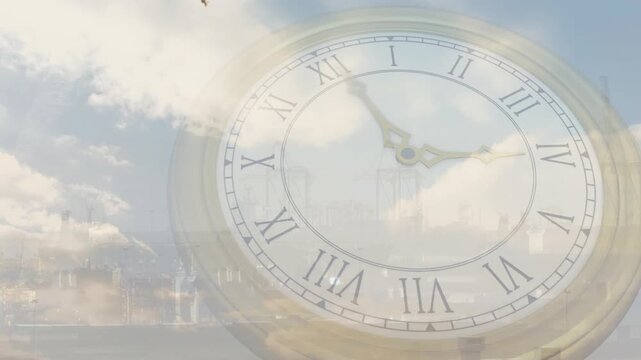 On start overlay clock rotating clockwise over skyline, clouds drifting, bird crossing to show time