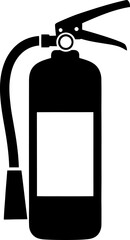 A black and white illustration of a fire extinguisher with a hose attached. Vector