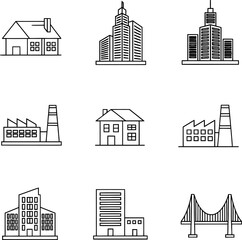 A collection of various building types and structures in a simple line art style Vector